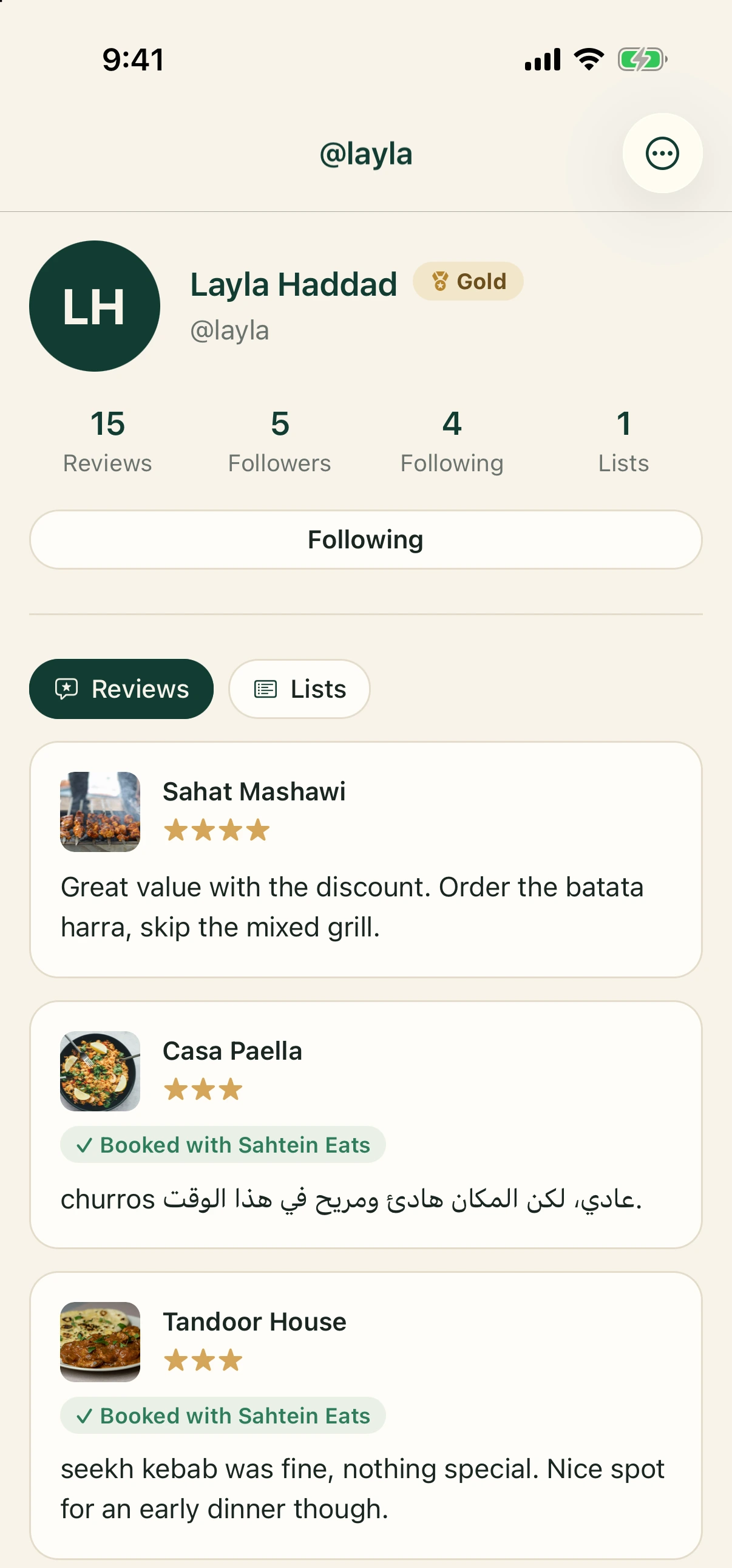 A diner’s profile with reviews and a Gold tier badge