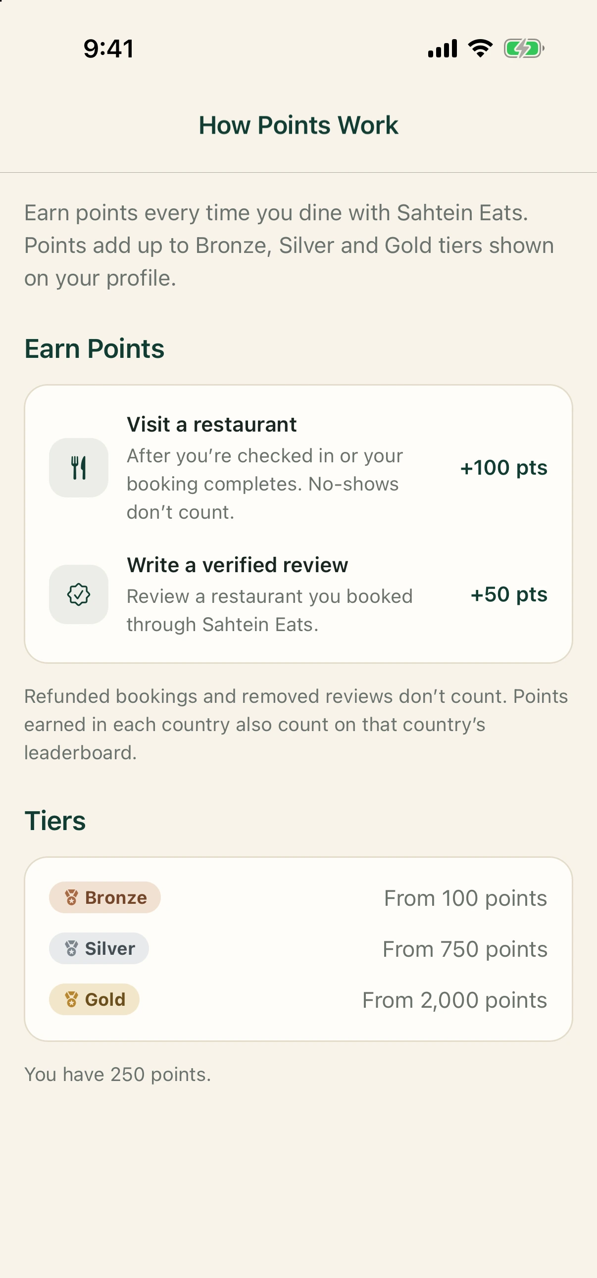 How Points Work screen showing points per visit and review, and the Bronze, Silver and Gold tiers